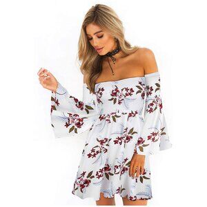 ONEYIM Burgundy White Floral Print Long Sleeve Off The Shoulder Summer Dress